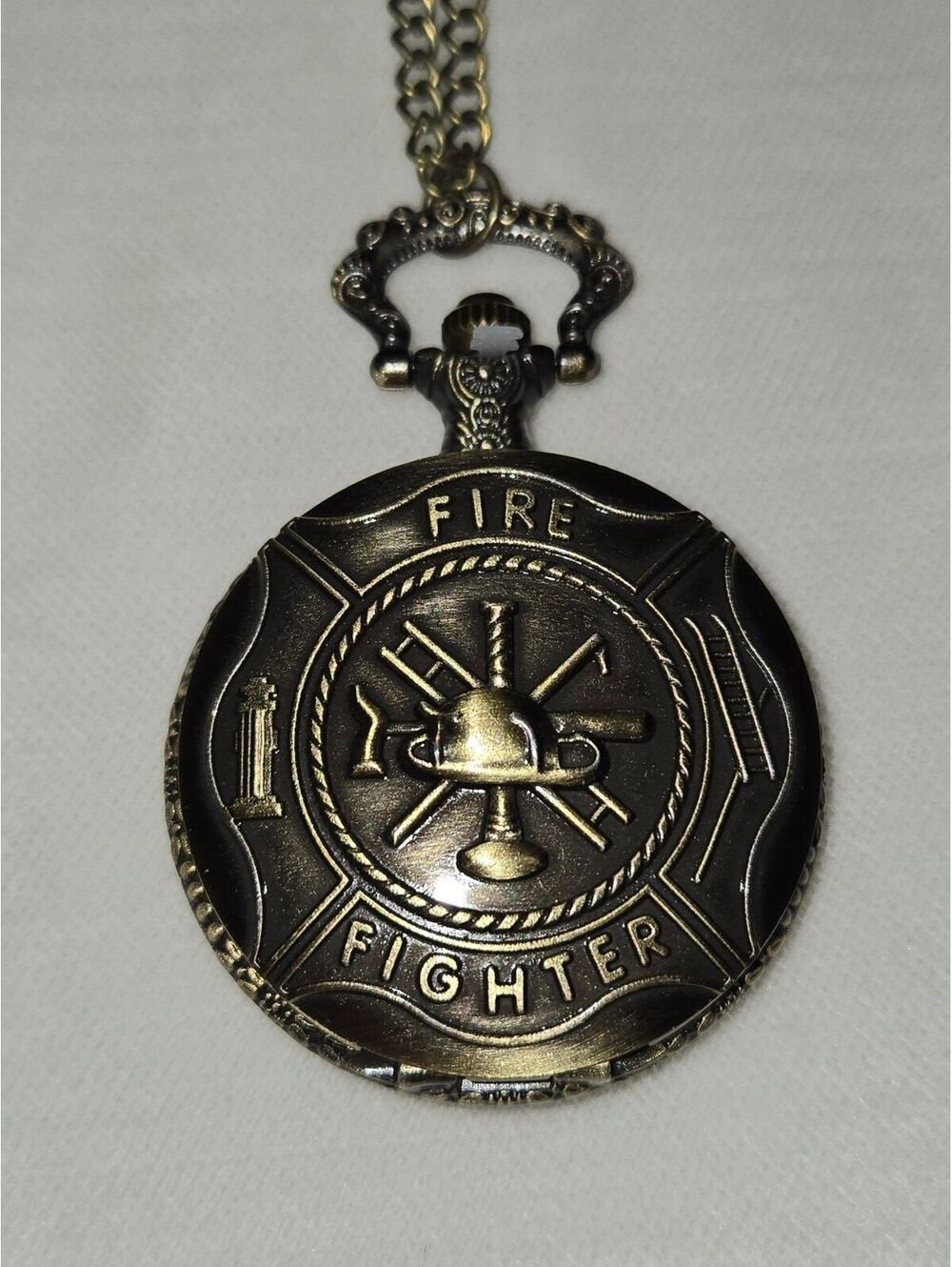 Vintage Style Firefighter Bronze Pocket Watch with Quartz Movement and Chain